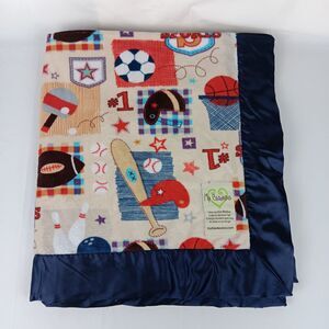 My Blankee Blue Satin Trim Sports Theme Baby Security Blanket Lovey Toddler